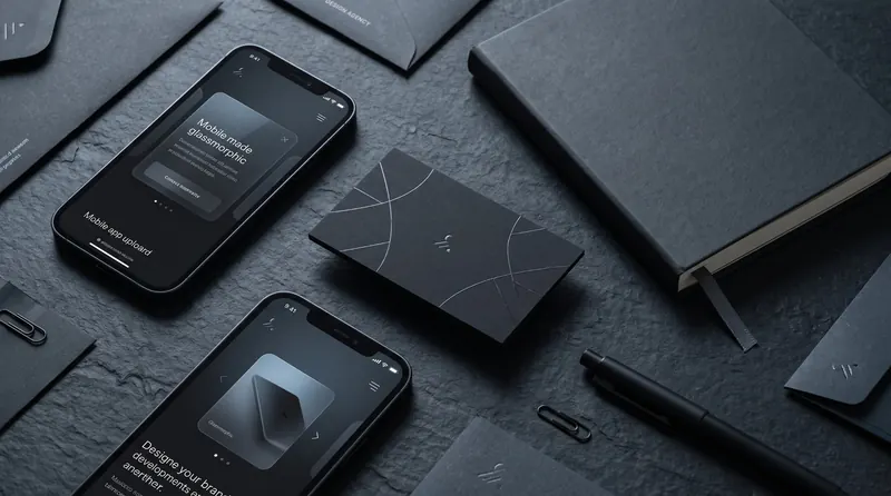 Concept: dark brand stationery with business cards, notebook and app screens