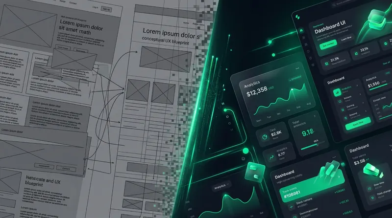 Concept: a wireframe sketch turning into a finished interface